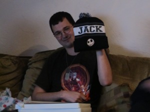 Drew gave Justin a Jack Skellington stocking cap!